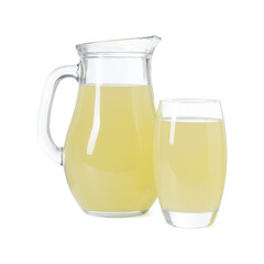 Refreshing lemon juice in jug and glass isolated on white