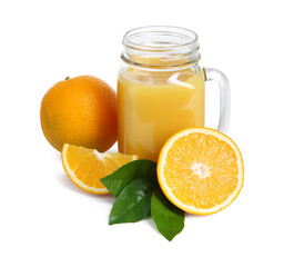 Refreshing orange juice in mason jar, leaves and fruits isolated on white
