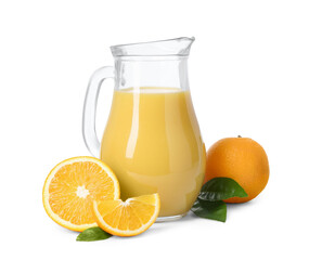 Refreshing orange juice in jug, leaves and fruits isolated on white