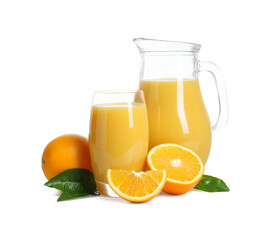 Refreshing orange juice, leaves and fruits isolated on white