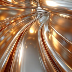 A 3D rendering of a tunnel made of glossy gold and silver tubes that are curved and twisted. - obrazy, fototapety, plakaty