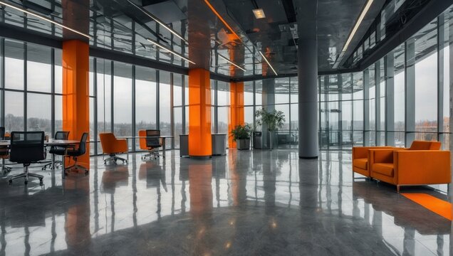 An expansive modern office space with sleek design, panoramic windows, and vibrant orange accents