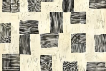 A black and white pattern of squares and rectangles with a wood grain texture. - obrazy, fototapety, plakaty