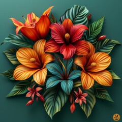 A bouquet of red, orange, and yellow flowers with green leaves on a solid dark background. - obrazy, fototapety, plakaty
