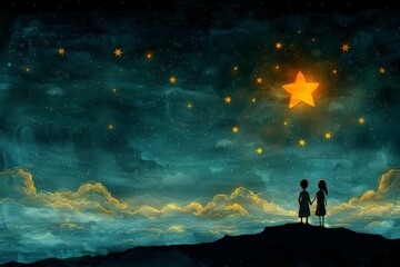 Naklejka na ściany i meble A boy and a girl are standing on a hill, looking up at a large star in the night sky.