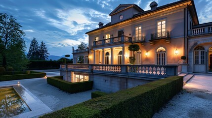 The exterior of an upscale villa during dusk, highlighting its spacious and lavish design The property boasts a sophisticated terrace with a balustrade