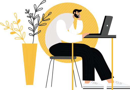 A man sits at a table among flowers and works at a computer. Vector illustration in outline