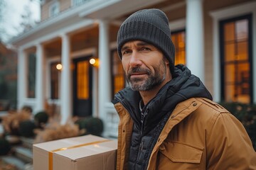 A delivery man wearing a brown jacket and gray beanie stands on the porch of a house, holding a...