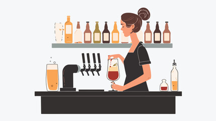 Bartender woman pouring dark stout beer to glass. Female - obrazy, fototapety, plakaty