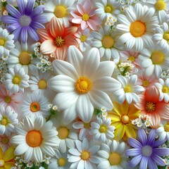 A field of colorful flowers with a white background.