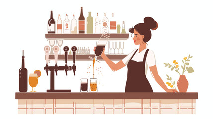 Bartender woman pouring dark stout beer to glass. Female - obrazy, fototapety, plakaty