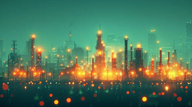 A digital painting of a futuristic cityscape at night. The city is full of tall buildings, lights, and a green haze.