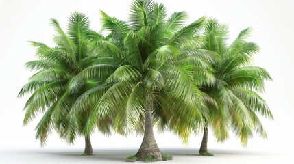 Fototapeta premium A group of three coconut palm trees with green leaves on a white background.