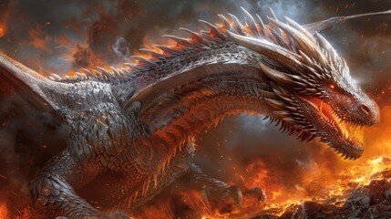 A large silver dragon with red eyes and a long tail is breathing fire on a castle. - obrazy, fototapety, plakaty