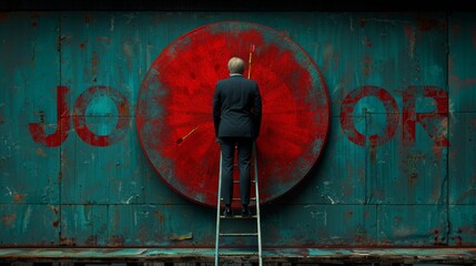 A man in a suit stands on a ladder in front of a large red target with arrows in it. The word "JOB" is written on the left and the word "CORP" is written on the right.