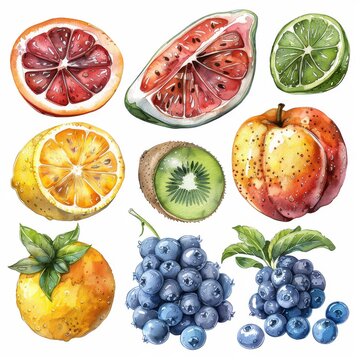 Drawn with watercolor on a white background, a set of tropical fruits