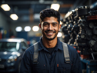 Portrait of a  Mechanic at work in his garage - obrazy, fototapety, plakaty