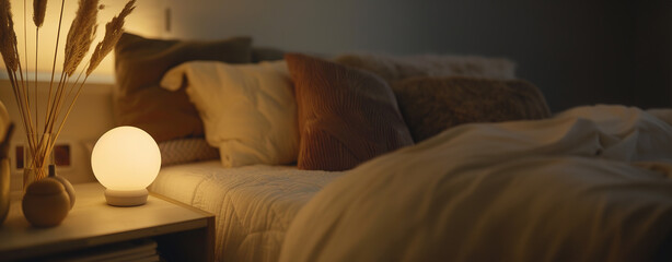 A cozy bedroom at night with soft lighting and fluffy pillows, promoting restful sleep.