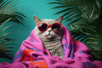 A cute cat wearing a towel and sunglasses, nestled in a vibrant pink towel, surrounded by tropical leaves against a pop inspo backdrop. - obrazy, fototapety, plakaty