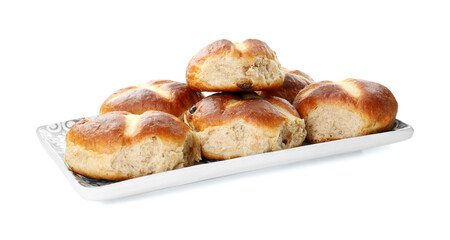 Tasty hot cross buns isolated on white