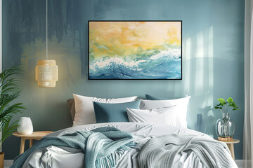 Serenely decorated bedroom with an ocean-themed painting and cozy bedding.