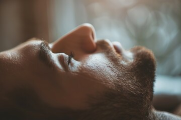 Naklejka premium Close-up of a person in serene sleep, focus on lashes and peaceful expression.