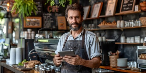Tech savvy Caf Owner Utilizing Tablet and Wi Fi to Manage Small Business