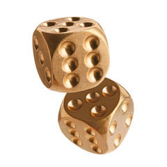Two golden dice in air on white background