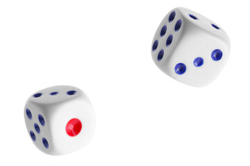 Two dice in air on white background
