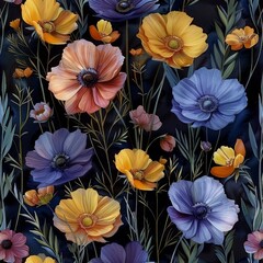On a black background, this seamless floral pattern has watercolor flowers painted in a flowing pattern.