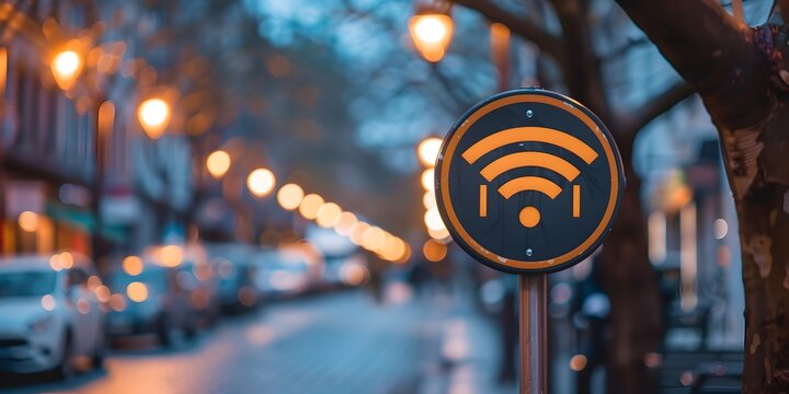 Illuminated Wi Fi Symbol on a Street Sign Promoting Free Public Internet Connectivity in the City