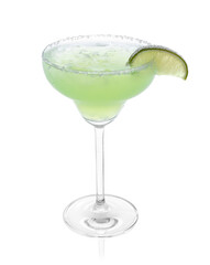 Delicious Margarita cocktail with ice cubes in glass, salt and lime isolated on white