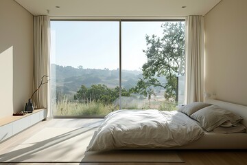 A minimalist bedroom with a large window showcasing a serene landscape view.