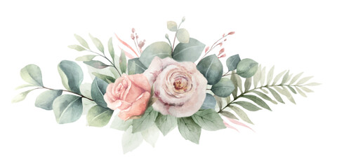 Dusty pink roses flowers and eucalyptus branches. Watercolor vector floral bouquet. Foliage arrangement for wedding , greetings, wallpapers, fashion, home decoration. Hand painted illustration.