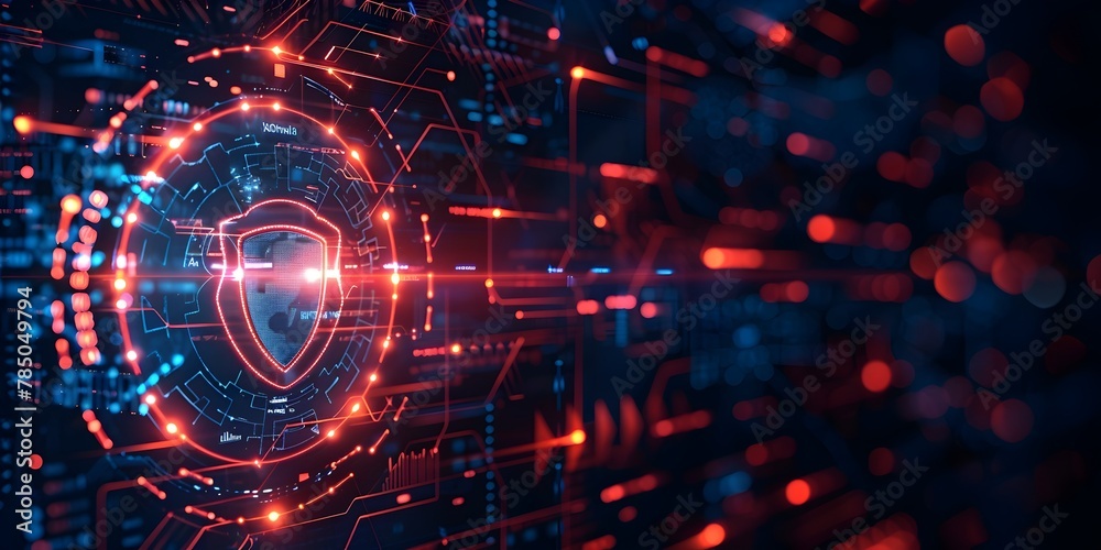 Poster advanced driven cybersecurity system visualized as a powerful digital shield blocking malware and ph