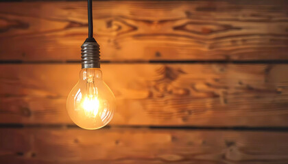 Light bulb hanging from a wooden wall with light on. Generative ai design.