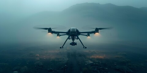 Protective Military Drone Hovering Over Rugged Mountainous Terrain in Misty Conditions