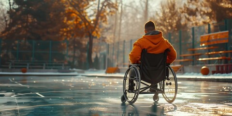 An athlete in a wheelchair on a basketball court adapting to life and sports after a spinal injury demonstrating resilience and determination in the - Powered by Adobe