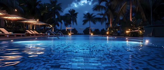Luxurious tropical resort pool at the night. Generative ai design concept. - obrazy, fototapety, plakaty