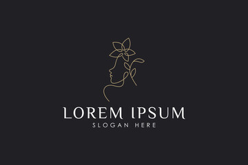 beautiful woman with flower plant decoration in gold minimalist linear logo design style