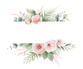 Watercolor vector floral frame border with pink roses flowers, eucalyptus branches and texture. Perfect for wedding stationery, greetings, wallpapers, fashion, fabric, home decoration. Hand painted