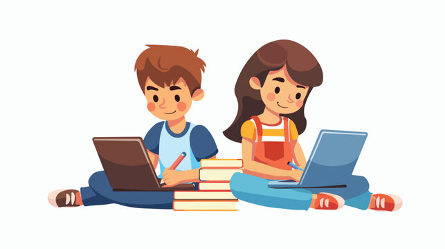 Boy and girl studying together with tablet computer an