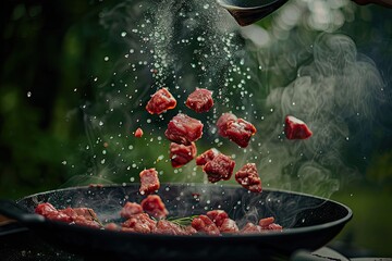  Beef milled meat flying from a pan - obrazy, fototapety, plakaty