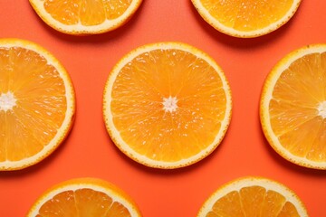 Slices of juicy orange on terracotta background, flat lay
