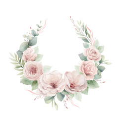 Watercolor vector floral wreath. Dusty pink roses flowers and eucalyptus leaves. Foliage arrangement for wedding invitations, greetings, wallpapers, fashion, decoration. Hand painted illustration. - 785050358