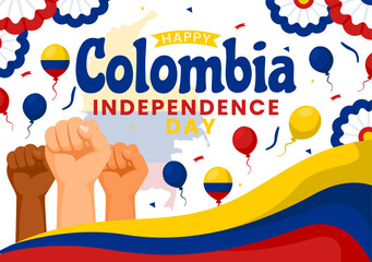Happy Colombia Independence Day Vector Illustration on 20 July with Waving Flag and Ribbon in National Holiday Celebration Flat Cartoon Background