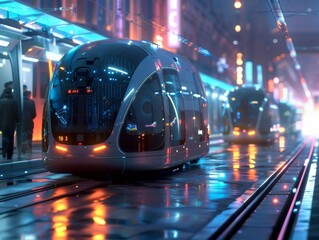 Futuristic city commute with autonomous public transport, including driverless buses and trams for efficient travel.
