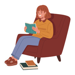 Young woman sitting in armchair and reading a book.