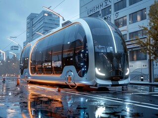 Experience efficient city travel with futuristic, autonomous public transport, featuring driverless buses and trams. - obrazy, fototapety, plakaty