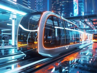 Driverless buses and trams revolutionize city commute, offering autonomous public transport for a futuristic journey. - obrazy, fototapety, plakaty
